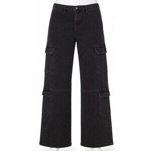 Windsor Denim Black Cargo Wide Mid Rise Leg Jeans Y2K Grunge Skater Goth 13